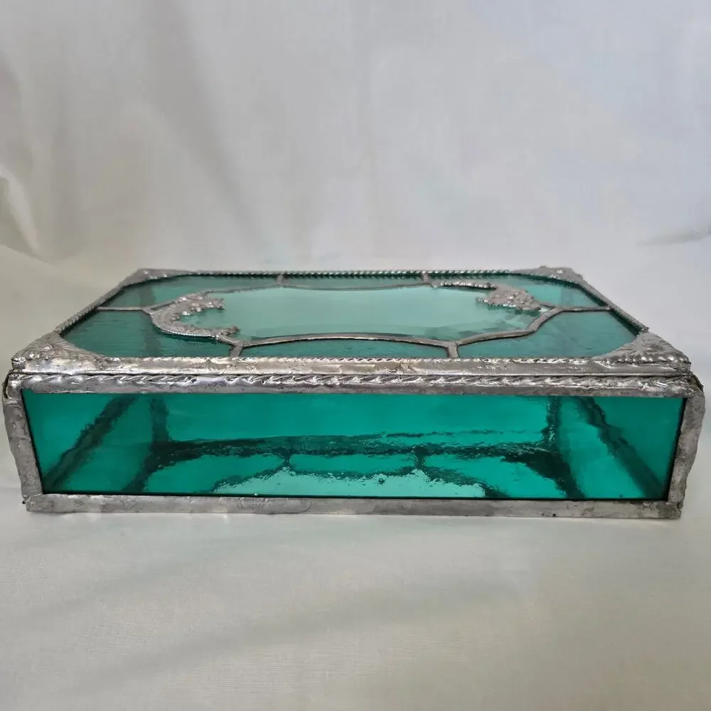 Teal Green Stained Glass Mirrored Jewelry Box Trinket Box Beveled and Waterglass